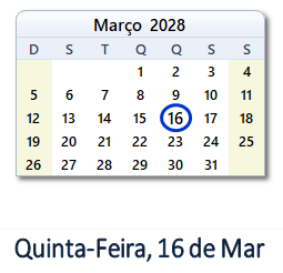 16 Março 2028 calendario