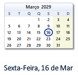 16 Março 2029 calendario