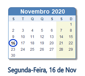 16 Novembro 2020 calendario