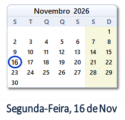 16 Novembro 2026 calendario