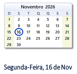 16 Novembro 2026 calendario