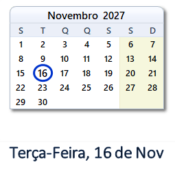 16 Novembro 2027 calendario