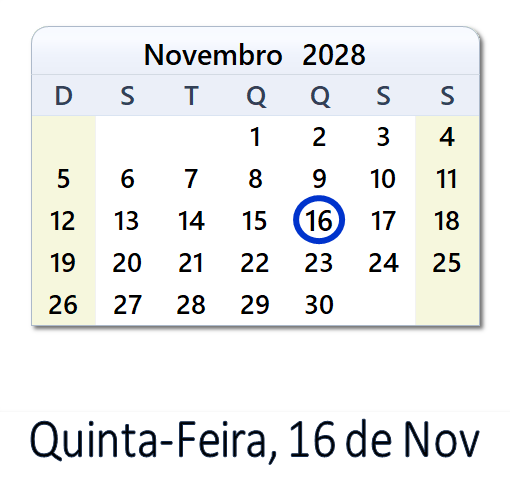 16 de Nov, 2028 Calendário com Feriados e Cont. Regressiva - BRA
