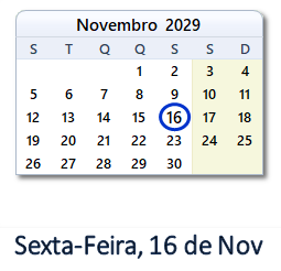 16 Novembro 2029 calendario