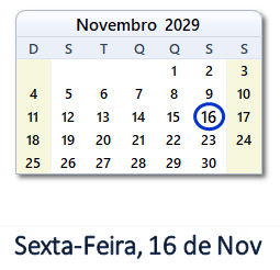 16 Novembro 2029 calendario