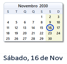 16 Novembro 2030 calendario