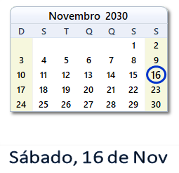 16 Novembro 2030 calendario