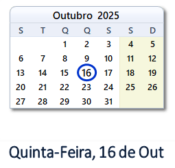16 Outubro 2025 calendario