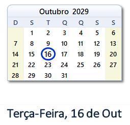 16 Outubro 2029 calendario