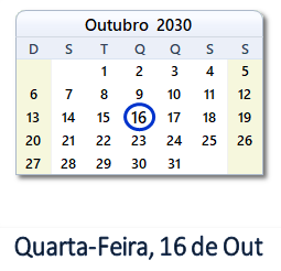 16 Outubro 2030 calendario