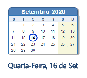 16 Setembro 2020 calendario
