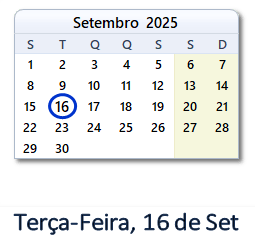 16 Setembro 2025 calendario