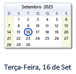16 Setembro 2025 calendario
