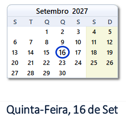 16 Setembro 2027 calendario