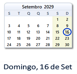 16 Setembro 2029 calendario