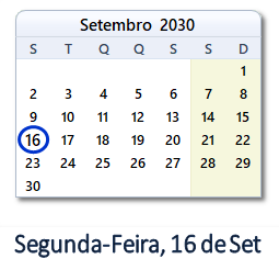 16 Setembro 2030 calendario