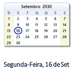 16 Setembro 2030 calendario