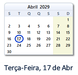 17 Abril 2029 calendario