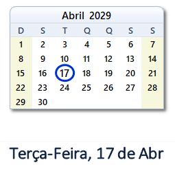17 Abril 2029 calendario