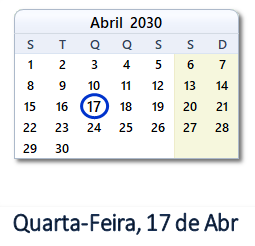17 Abril 2030 calendario