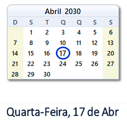 17 Abril 2030 calendario