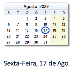 17 Agosto 2029 calendario