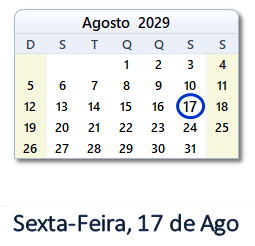 17 Agosto 2029 calendario