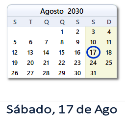 17 Agosto 2030 calendario