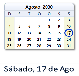 17 Agosto 2030 calendario