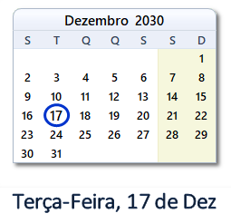 17 Dezembro 2030 calendario
