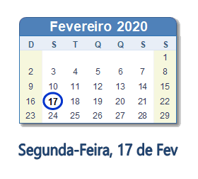 17 Fevereiro 2020 calendario