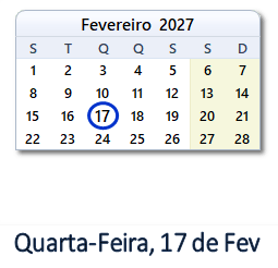 17 Fevereiro 2027 calendario