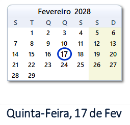 17 Fevereiro 2028 calendario