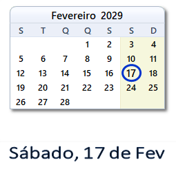 17 Fevereiro 2029 calendario