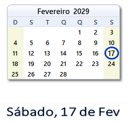 17 Fevereiro 2029 calendario