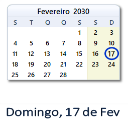 17 Fevereiro 2030 calendario