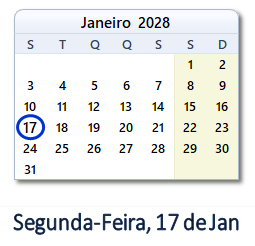 17 Janeiro 2028 calendario
