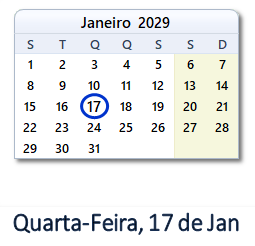 17 Janeiro 2029 calendario