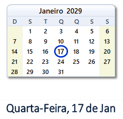 17 Janeiro 2029 calendario