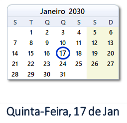 17 Janeiro 2030 calendario