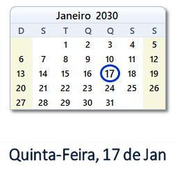 17 Janeiro 2030 calendario