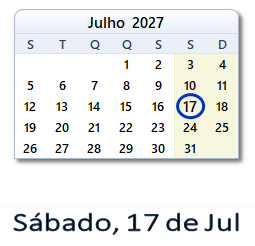 17 Julho 2027 calendario