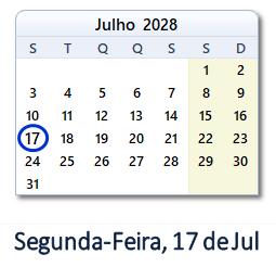 17 Julho 2028 calendario