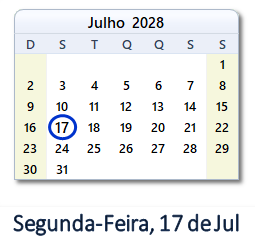 17 Julho 2028 calendario