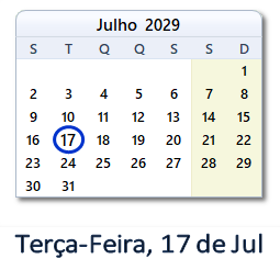 17 Julho 2029 calendario