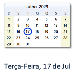 17 Julho 2029 calendario