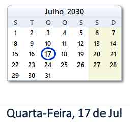 17 Julho 2030 calendario