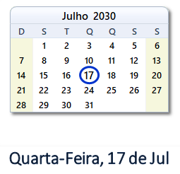 17 Julho 2030 calendario