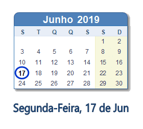 17 Junho 2019 calendario