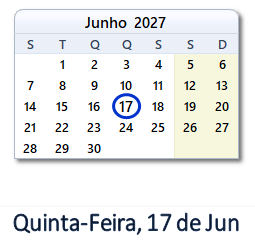 17 Junho 2027 calendario
